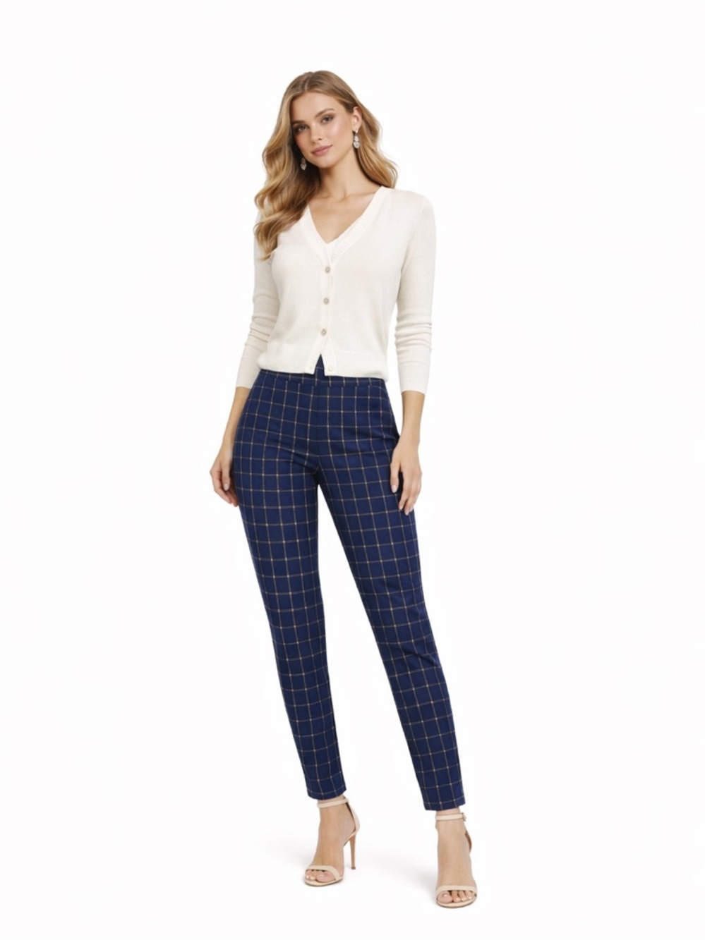 Ecru Navy Checkered Women's Pants